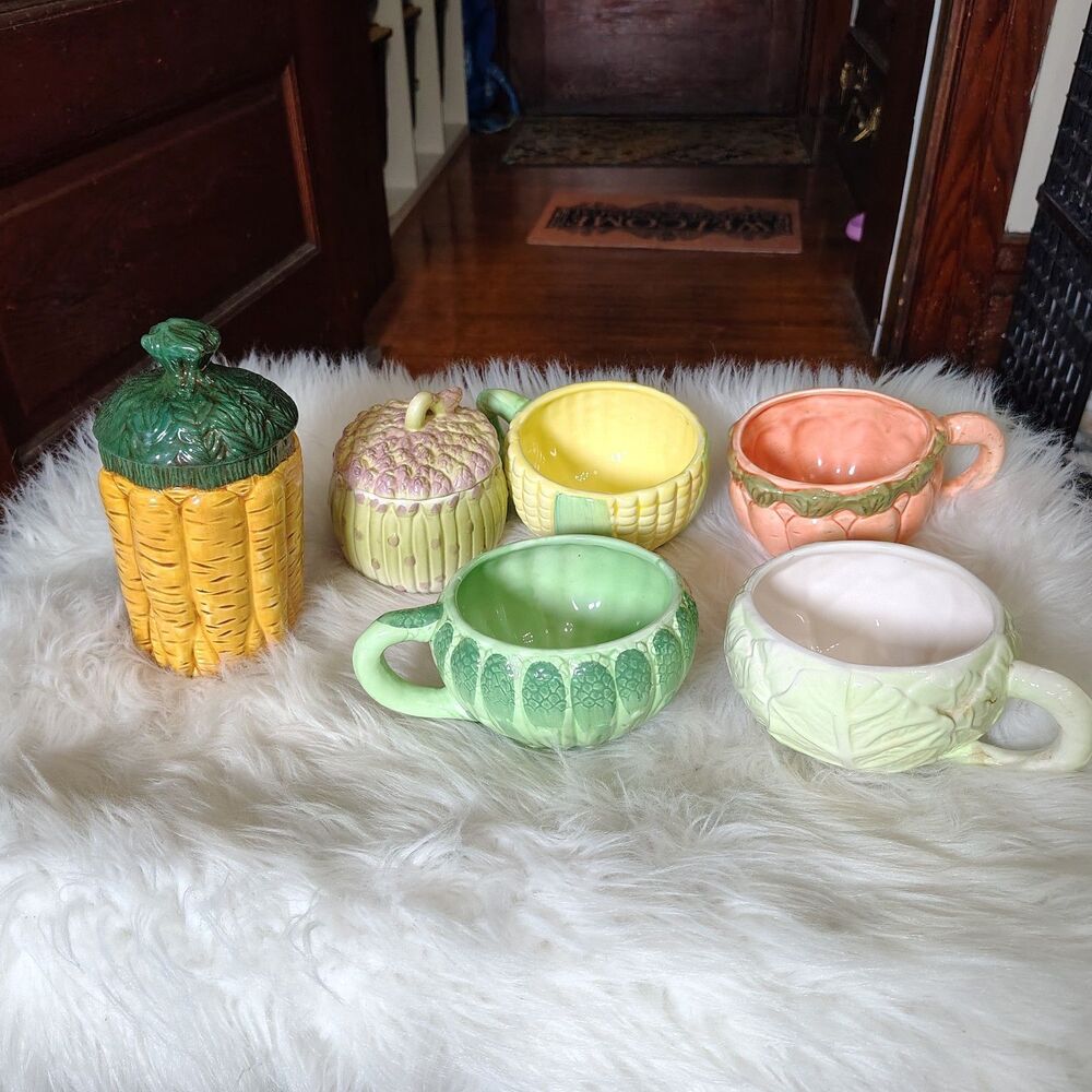 VTG Vegetable Harvest Mugs Soup Cups Canisters Carrot Cabbage Asparagus Corn LOT